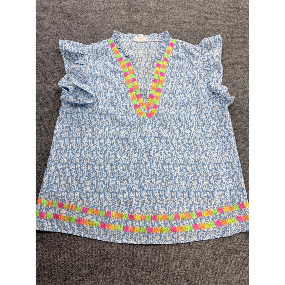 THML Blue Printed Flutter Sleeve Blouse with Neon Trim